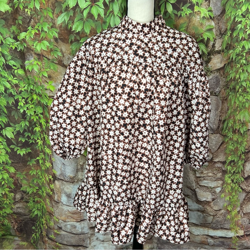 ANTHROPOLOGIE Quiet Luxury Cocoa Star Dot Print Mini Swing Dress, L - Picture 5 of 10